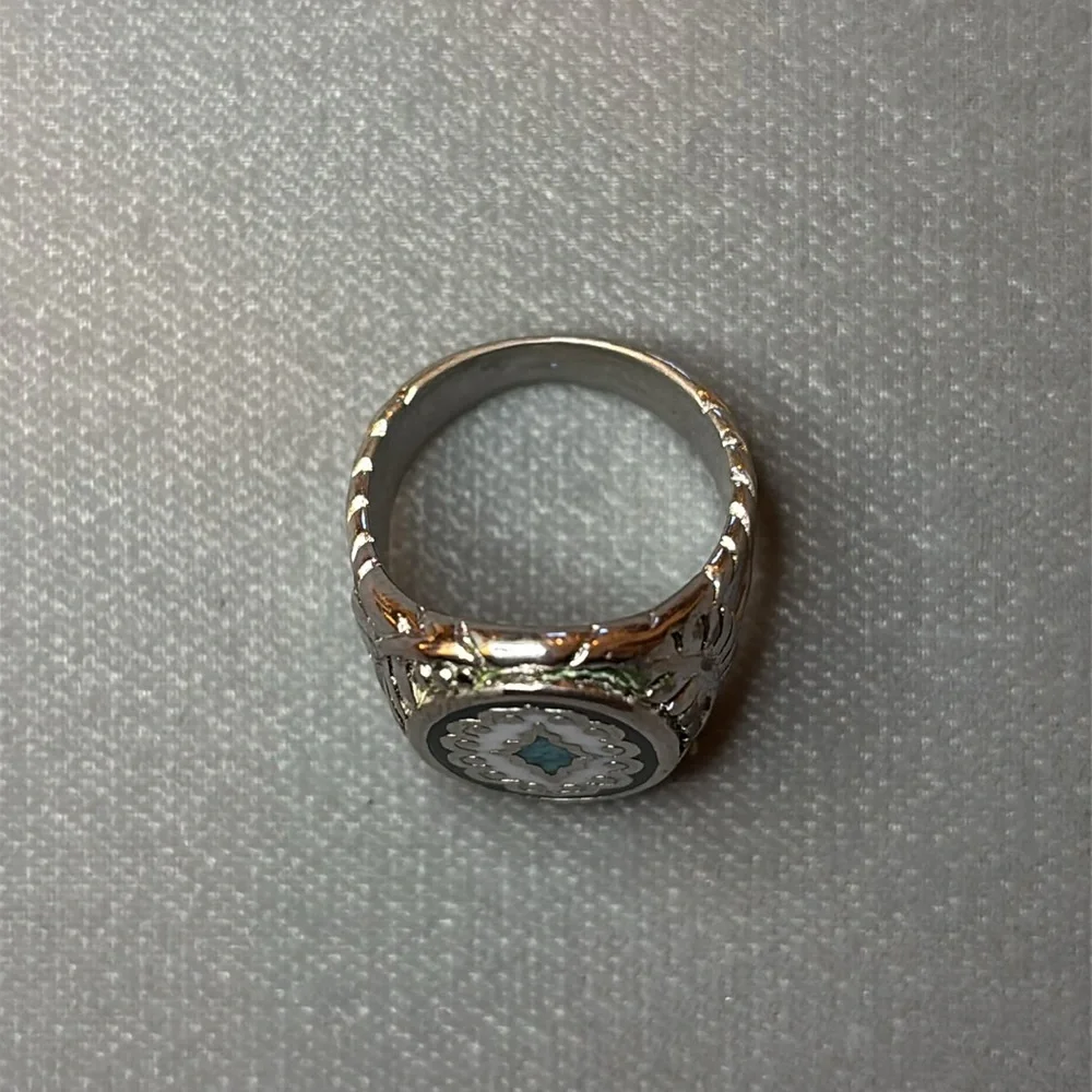 Sterling Ring with Inlaid Turquoise, Mother of Pearl and Onyx